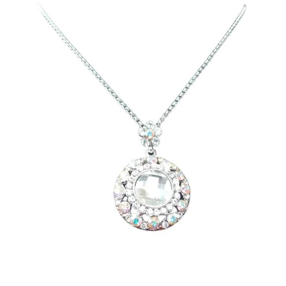 Aurora Borealis Crystal Pendant Flower Necklace Sliver - Picture 1 of 16